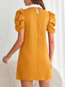 SHEIN Privé Contrast Collar Pearls Beaded Puff Sleeve Dress - Yellow - View 2
