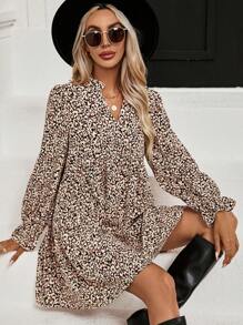 EMERY ROSE 豹紋印花荷葉袖娃娃裙 - 彩色 - 查看 6