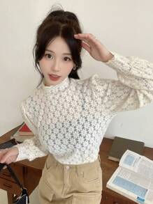 DAZY 1 chiếc áo ren cổ tròn trơn, quần áo mùa thu - Màu be - Xem 2