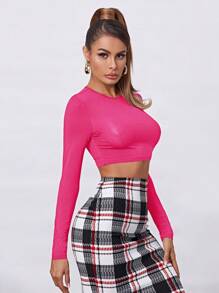 SHEIN BASICS 1 Miếng Chất rắn Áo phông Crop - Màu Hồng Tươi - Xem 4