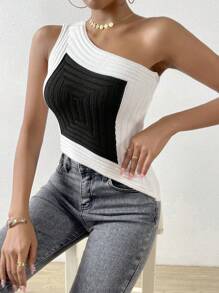 Zolique Two Tone One Shoulder Ribbed Knit Top - Black and White - View 6