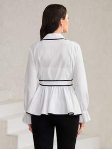 Modelyn 撞色滾邊喇叭袖腰帶襯衫 - 白色 - 查看 2