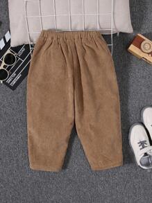 SHEIN Young Boy Slant Pocket Thermal Lined Corduroy Pants - Khaki - View 3