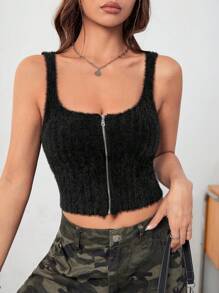 SHEIN EZwear 拉鏈開襟短款絨毛針織上衣 - 黑色 - 查看 5