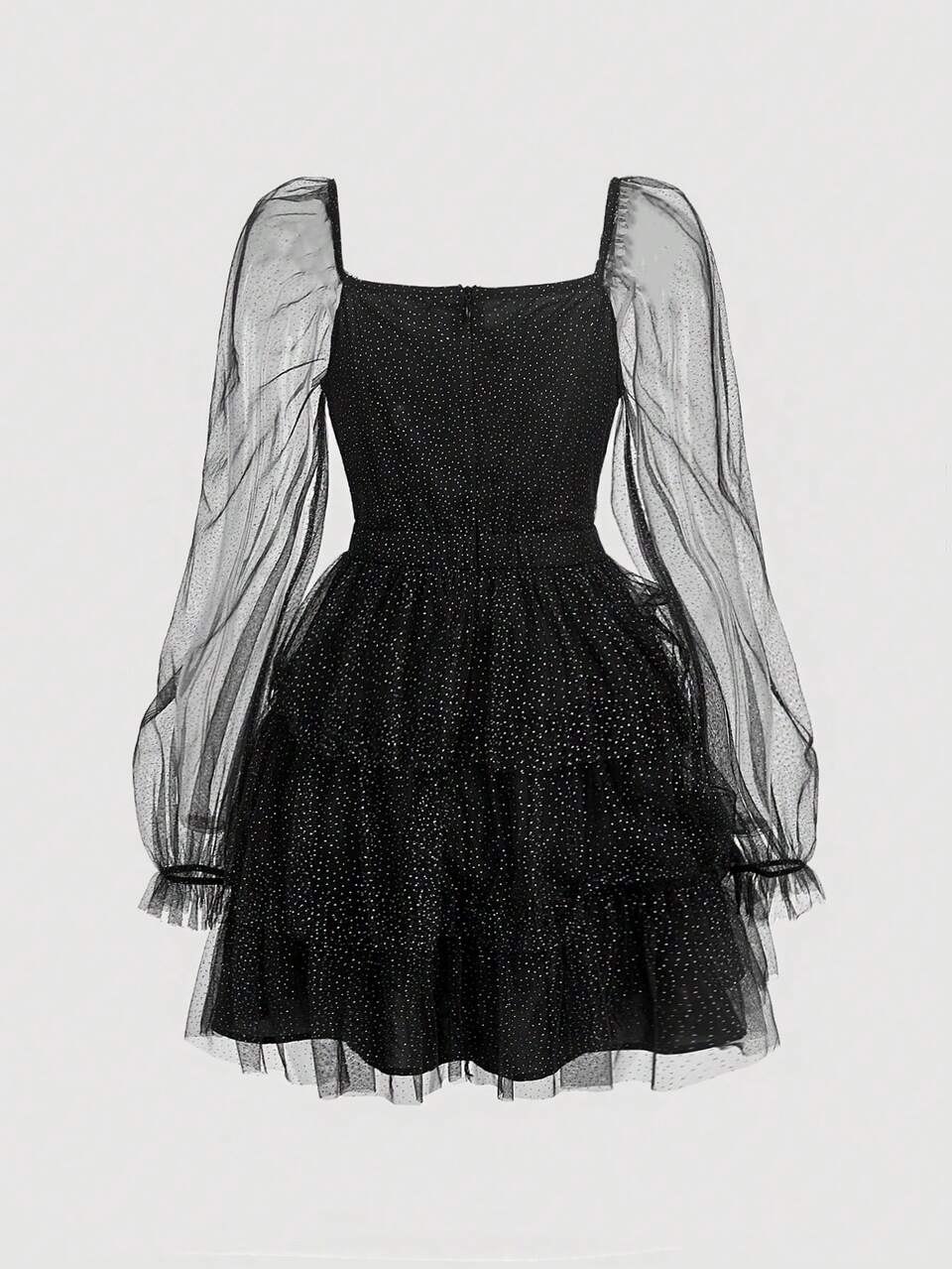 Sweetheart Neck Flounce Sleeve Ruffle Hem Belted Mesh Dress