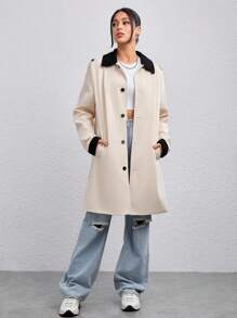 Manfinity VCAY 1pc Loose Fit Contrast Collar Drop Shoulder Trench Coat, For Fall Winter - Apricot - View 4