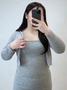 Dazy Petite Plus Solid Dress & Open Front Jacket