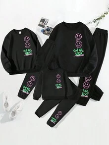 SHEIN 女小童卡通圖案加絨內裏衛衣和衛褲