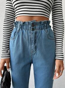 EURMUSE Paperbag Waist Mom Fit Jeans - Medium Wash - View 4