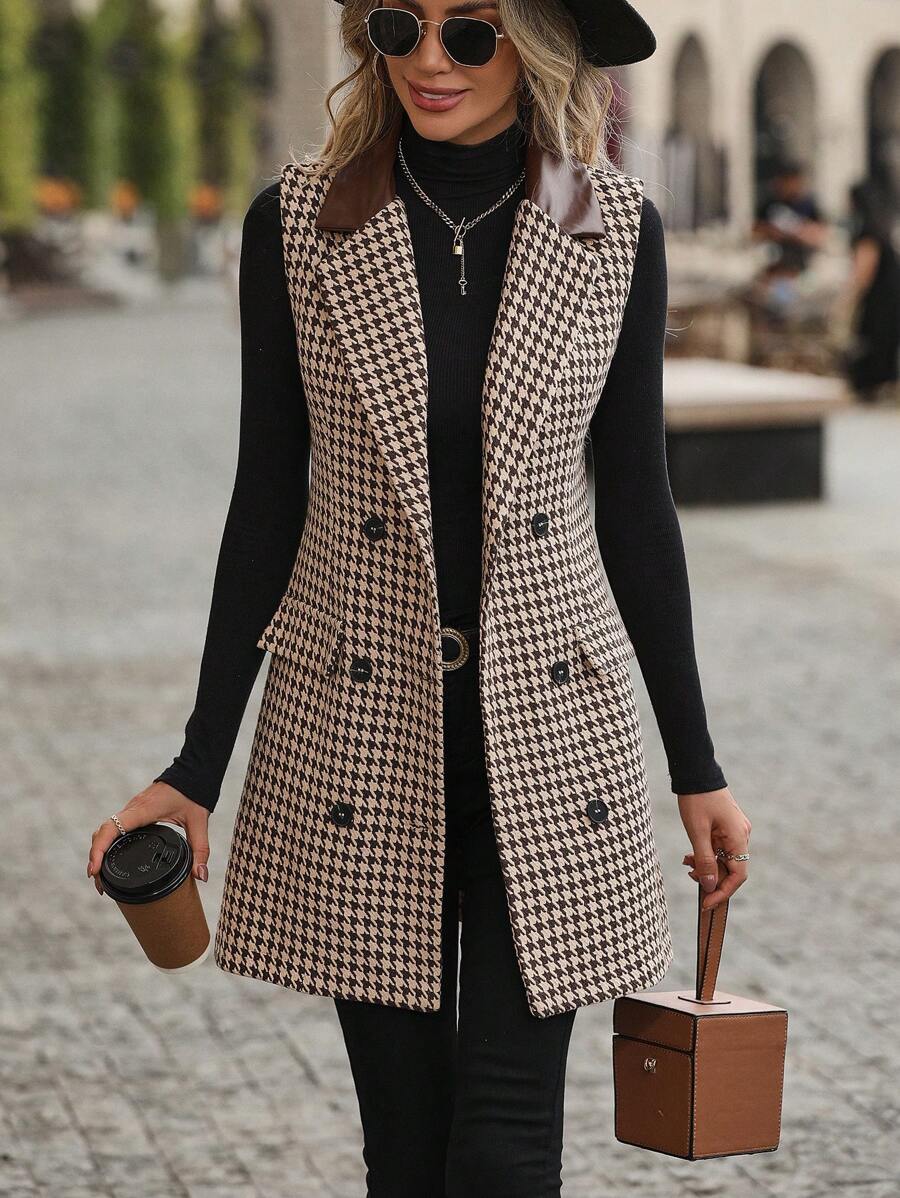 Ellegaria. 千鳥格印花雙排釦馬甲西裝外套