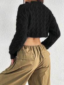 Flirla Women's Round Neck Drop Shoulder Long Sleeve Cropped Textured Knit Sweater - Black - View 2