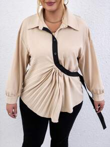 Calvaya Plus Contrast Tape Knot Front Drop Shoulder Shirt - Multicolor - View 3