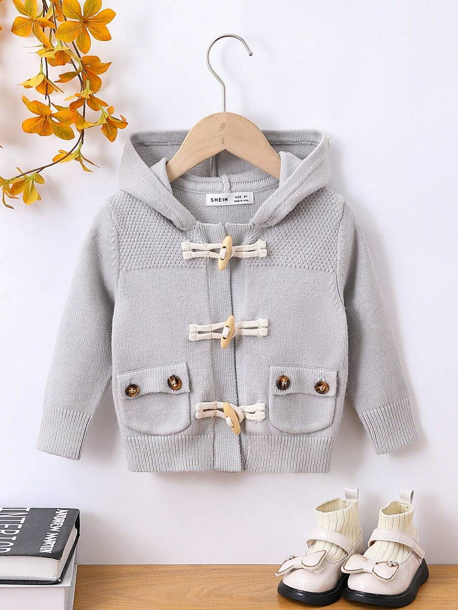 Young Boy Flap Pocket Hooded Duffle Cardigan - Grey - View 1
