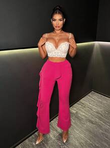 SHEIN SXY Solid Ruffle Trim Flare Leg Pants - Hot Pink - View 7