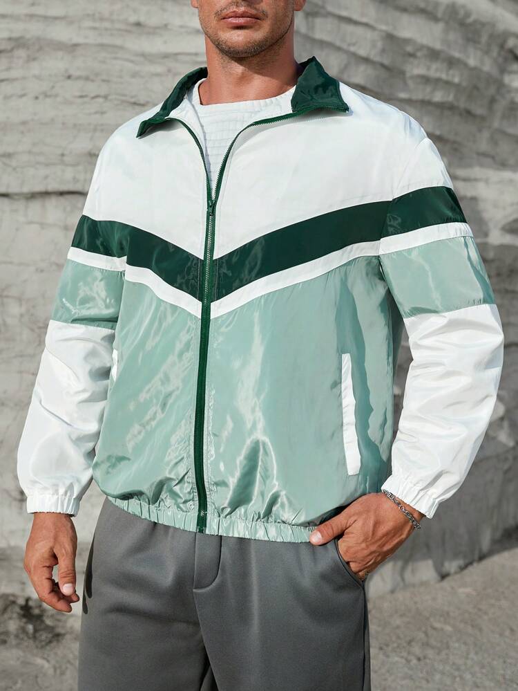 Loose Fit Men's Plus Size Colorblock Zip Up Windbreaker Jacket, For Fall Winter