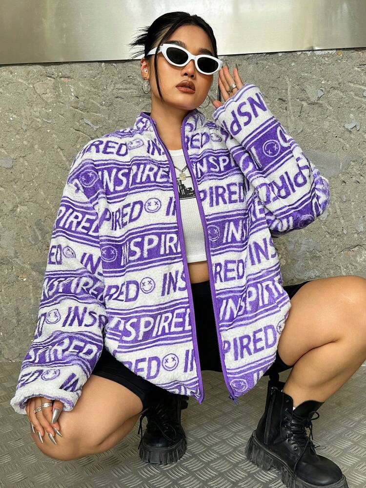 Plus Letter Graphic Drop Shoulder Teddy Coat