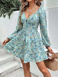 SHEIN VCAY Floral Print Knot Front Lantern Sleeve Ruffle Hem Dress - Green - View 4