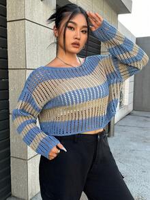 SHEIN EZwear 大碼條紋圖案網眼針織落肩袖套頭毛衣 - 彩色 - 查看 4