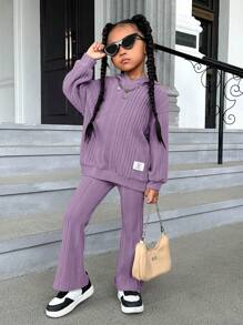 SHEIN 女小童字母貼布落肩袖連帽衫&喇叭褲 - 紫色 - 查看 1