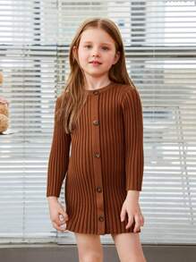 SHEIN Young Girl Button Front Ribbed Knit Sweater Dress - Brown - View 4