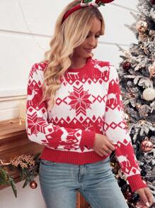 SHEIN Frenchy Christmas Pattern Sweater - Red and White - View 4