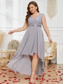 Plus Lace Panel High Low Bridesmaid Dress - Grey - View 5
