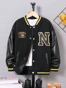 男大童1入組字母貼布條紋飾邊落肩袖花呢外套 - 黑色 - 查看 1