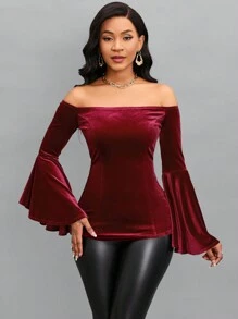 SHEIN Lady 一字肩喇叭袖絲絨T恤 - 酒紅色 - 查看 5