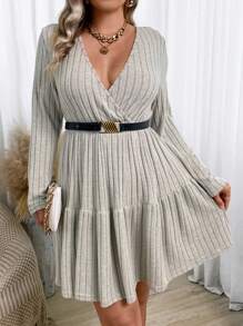 Franclia Plus Surplice Neck Ruffle Hem Dress Without Belt - Apricot - View 3