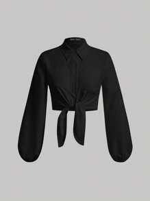 SHEIN MOD 素色前紐扣下擺打結襯衫 - 黑色 - 查看 1