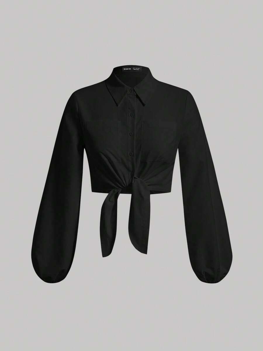 SHEIN MOD 素色前紐扣下擺打結襯衫 - 黑色 - 查看 1