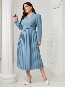 Modelyn Plus Notched Neckline Pleated Hem Belted Dress - Blue - View 5
