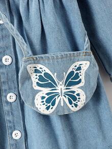 Young Girl Butterfly Print Button Through Denim Dress With Bag - Medium Wash - View 5