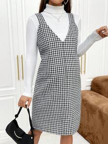 SHEIN Thai sản 1 Miếng In Houndstooth Đầm Tổng thể - Đen và trắng - Xem 2