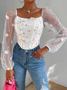 SHEIN Unity Top cu tiv curbat cu mânecă lanternă cu broderie florală