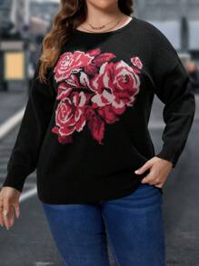 EMERY ROSE 大碼花卉圖案落肩袖套頭毛衣 - 黑色 - 查看 1