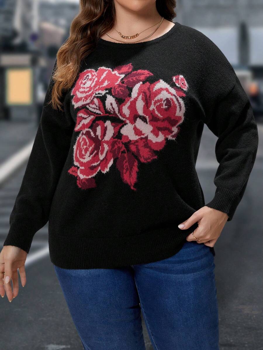 EMERY ROSE 大碼花卉圖案落肩袖套頭毛衣 - 黑色 - 查看 1