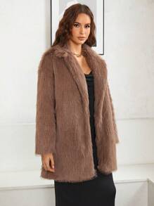 SHEINNeu Open Front Fuzzy Coat - Brown - View 5