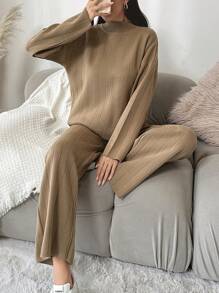 EURMUSE Mock Neck Drop Shoulder Sweater & Knit Pants - Camel - View 2