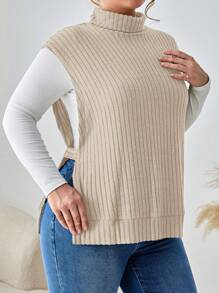 SHEIN Essnce 1pc Plus Turtleneck Split Hem Tank Top - Apricot - View 4