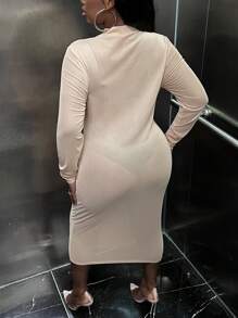 Slaydiva Talla grande Vestido ajustado con diamante de imitación con patrón de mariposa de cuello alto sin lencería - Albaricoque - Ver 2