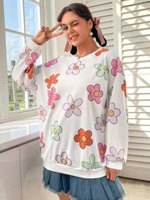 SHEIN EZwear Hơn In hoa Thả vai Áo nỉ - trắng - Xem 8