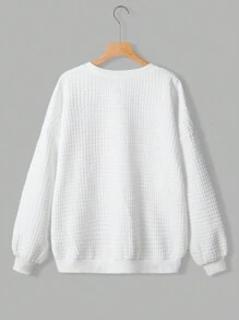 SHEIN EZwear 大碼字母圖案落肩袖運動衫 - 白色 - 查看 2