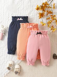 女嬰3入組波點圖案紙袋腰前蝴蝶結長褲 - 彩色 - 查看 1