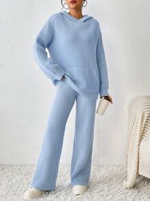 Kangaroo Pocket Drop Shoulder Hoodie & Pants - Blue - View 3