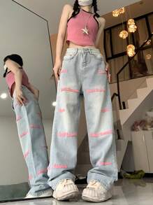 Letter Graphic Wide Leg Jeans - Pink - View 1