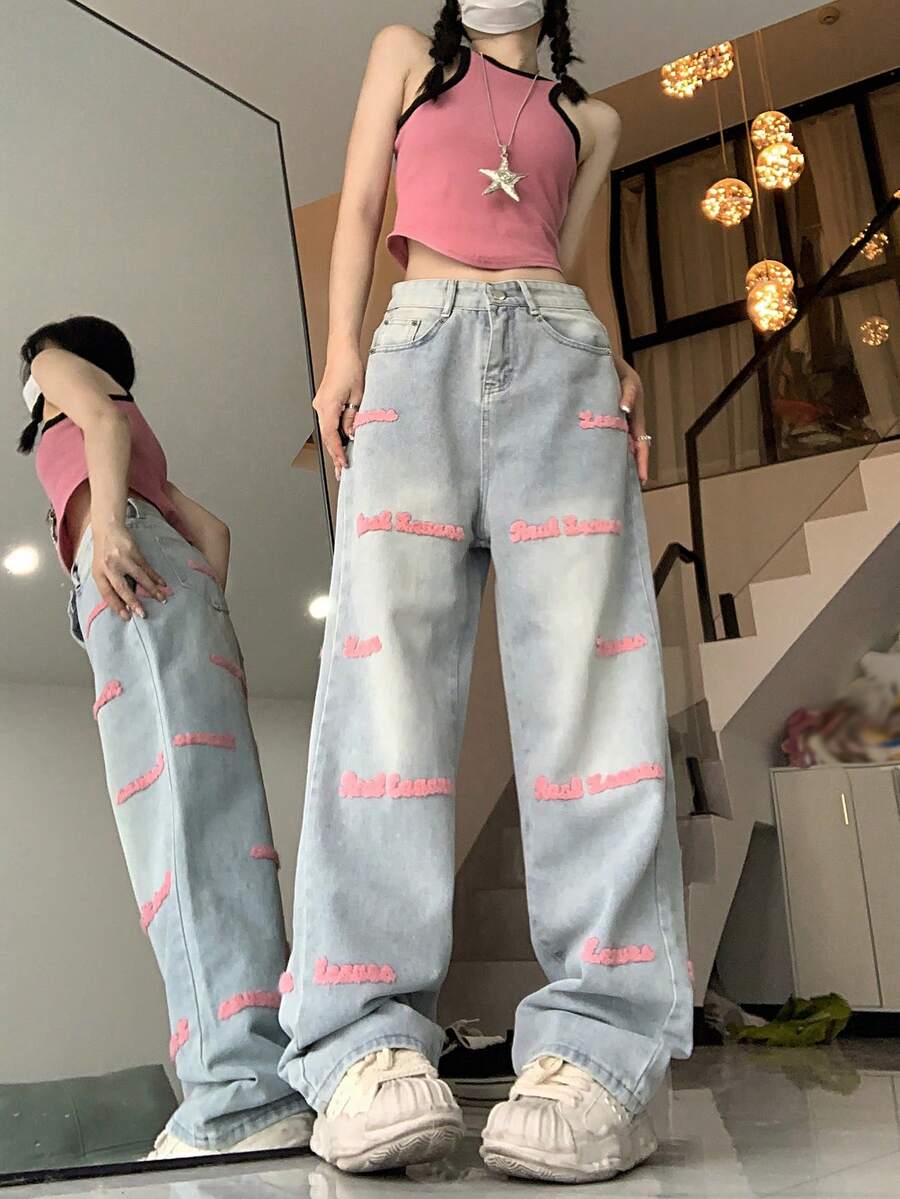 Letter Graphic Wide Leg Jeans - Pink - View 1