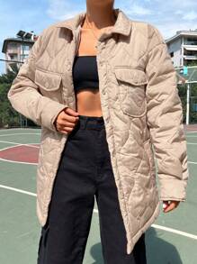 SHEIN Cottnline Flap Pocket Drop Shoulder Quilted Coat - Beige - View 5