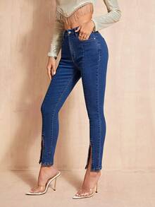 SHEIN BAE 下擺開叉緊身牛仔褲 - 深色水洗藍 - 查看 4