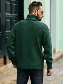 Manfinity Homme كنزة صوف ياقة دائري منسوج مضفور للرجال - أخضر داكن - مشاهدة 2